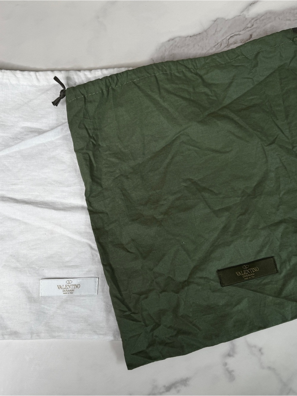 Valentino Drawstring Dust Bags in White and Olive 13X11 Set of 2